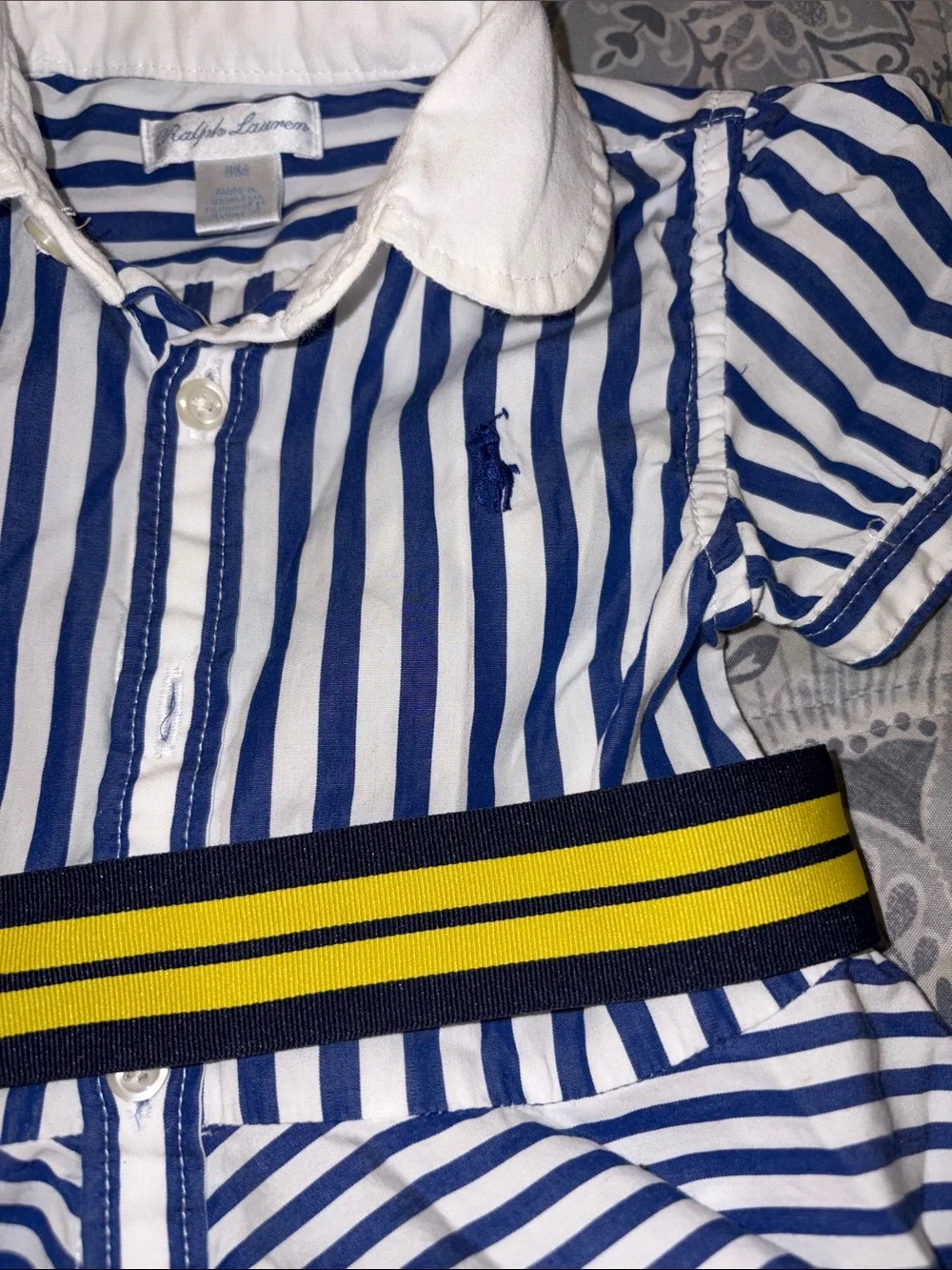Ralph Lauren Blue & White Striped Shirt Dress with Yellow Accent Belt